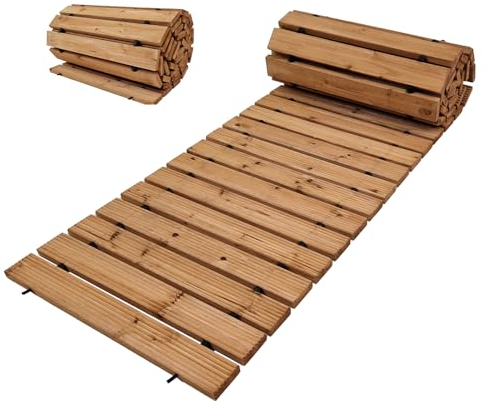 TRUTZHOLM Holzpfad ausrollbar 250x43x2 cm rustikales Tannenholz mit Anti-Rutsch Oberfläche wetterfester Holzweg für Garten, Hinterhof, Strand I Pflegeleichter Rollweg zur Gartengestaltung