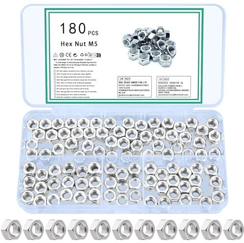 TOOINKCV 180 Pezzi M5 Dadi Esagonali, Set di Dadi di Bloccaggio, Dado Autobloccanti, Metrici Dado di Fissaggio Controdado Assortimento per Bulloni e Viti (M5)