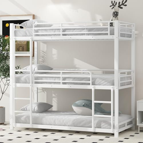 Ctastay Kinderbett Etagenbett 90x200 cm für 3 Kinder, Bett Metallbett Familienbett mit Leiter & Rausfallschutz, Jugendbett Hochbett mit Lattenrost, Metall, Weiß (Ohne Matratze)