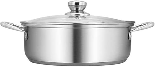 Padella da 32 cm in acciaio inox con coperchio in vetro, grande capacità, superficie di cottura antiaderente, durevole e facile da pulire, ideale per uso domestico o ristorante