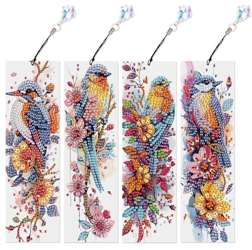 DCIDBEI 4 Pack Diamond Painting Lesezeichen Bunt Set Malen nach Zahlen Erwachsene Seite Markierungen Clip Bookmark Für Bücher Seitenmarkierungsclip Lesezeichen Lesen Zubehör (Vögel und Blumen)