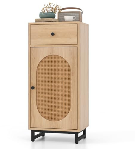 KOMFOTTEU Badezimmerschrank mit Rattangeflecht Tür, Badschrank Aufbewahrungsschrank mit Schublade, Beistellschrank Kommode mit verstellbaren Füßen und Kipp-Schutz, Flurschrank Sideboard Holz