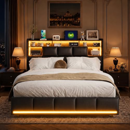 Polsterbett Doppelbett 140x200 mit USB,Bett 140x200 mit Stauraum,Hydraulisch Stauraumbett,Funktionsbett Jugendbett mit LED,Bettkasten mit Kopfteil und Lattenrost,Doppelbett mit Stauraum (Schwarz+PU)
