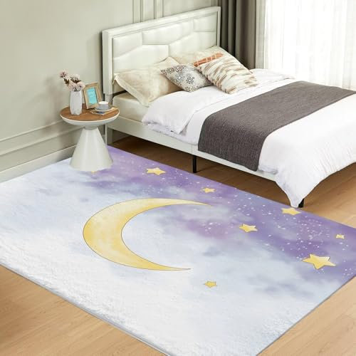 NAWVNMI Kinderzimmerteppich Antirutsch - Waschbar bis 30 Grad - Lila - Kurzflor Kinderteppich Teppich für Kinderzimmer - Mond Sterne - Teppiche Junge Mädchen 140 x 200 cm