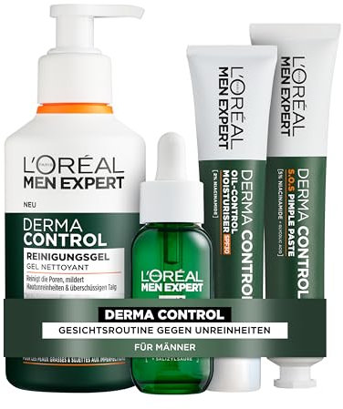 L'Oréal Men Expert Pflegeset gegen unreine Haut für Männer, Geschenkset mit Reinigungsgel, Serum, Creme und Pickelpaste, Geschenke für Herren mit Niacinamide und Salizylsäure, Derma Control, 4-teilig