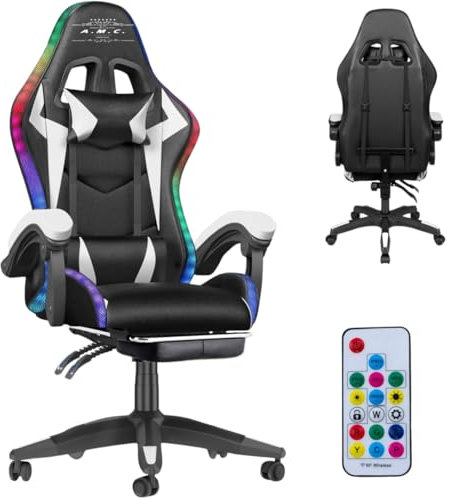 A.M.C. Silla Gaming RGB con luces LED y silla ergonómica, silla de oficina giratoria, con ruedas, reposacabezas y cojín lumbar, capacidad de carga: 125 kg, con respaldo alto de piel (blanco)