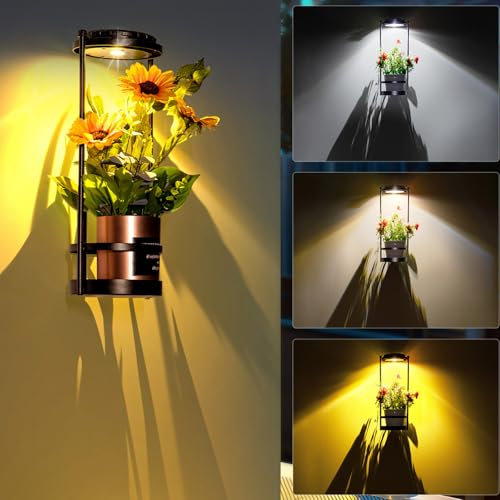 Solar Wall Light with Plant Stands, Wireless Outdoor Fence Light with 3 color, Metal Hanging Plant Holder for Outdoor plants, Wall Mounted Flower Rack for Garden Patio Balcony Yard (Black - 1pc)