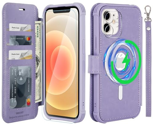 VANAVAGY Wallet Case Compatible for iPhone 12/12 Pro for Magsafe Wireless Charging,Leather Flip Wrist [Glass Screen Protectors]with RFID Blocking Card Holder,Clove Purple