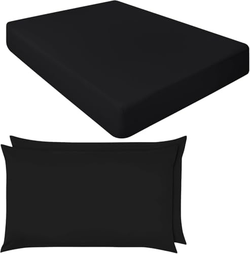 Extra Deep Fitted Sheets 16/40CM Deep Luxury Percale in 15 Colours (Black, King + Pillowcase Pair)