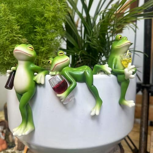 DragonX2 3 Stück Blumentopf Hänger Frösche Deko Figuren Mit Weinglas, Frosch Deko Gartendeko Für Draußen Figuren Für Zinkwannen Pflanzschale Garten Balkon Terrasse Teiche Deko