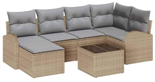 vidaXL Garten-Sofa-Set mit Kissen 7 pcs Beige und Hellgrau Poly Rattan, Garten und Terrasse, modernes verstellbares Sofa-Set, Outdoor-Sitzgruppe, langlebig, UV-beständiges Möbel