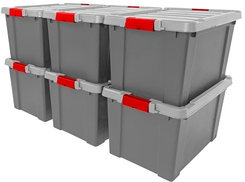 IRIS USA verschließbare Aufbewahrungsboxen mit Deckel, 6 Stück, grau, robust, langlebig, stapelbar, große Garagenorganisationsbehälter, Umzugswannen, robuste Werkzeugbox