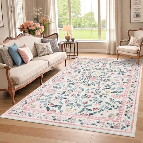 Washbale Teppiche für Wohnzimmer, 160 x 230 cm, rutschfeste rosa Flächenteppiche für Schlafzimmer, Bauernhaus, Blumenmuster, weiche Plüschteppiche, Innenbereich, faltbare Bodenmatte für Esszimmer
