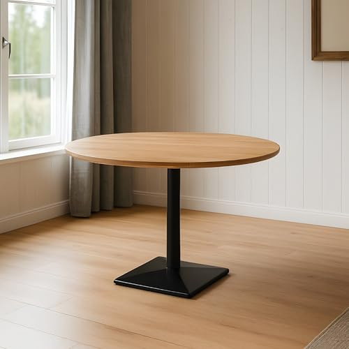 SAM Bistrotisch Brasilia | 120 x 120 cm rund | Akazienholz massiv | Farbe: Natur | Schweizer Kante | Säulenfuß Metall Schwarz | pflegeleichter Küchentisch/Kleiner Esstisch/runder Säulentisch