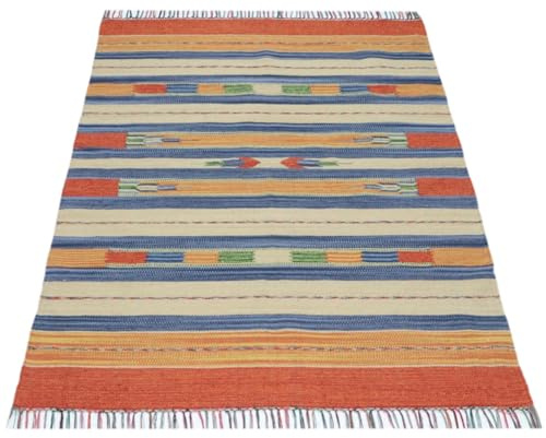 WAWA TEPPICH Kelim Teppich handgewebt Natur 120 x 170 cm | Handgefertigter Designteppich aus Wolle für vielseitige Wohnbereiche