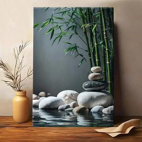 PVPQPR Tableau sur toile,décoration murale zen esthétique avec motif de pierres et de bambou,affiche imprimée sur toile pour chambre ou salon (80 x 120 cm (31 x 47 pouces) / sans cadre)