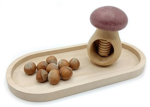 Holzfee Nussknacker Pilz Set mit Holz Schale Untersetzer