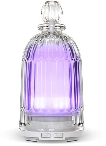 DOUDING Glass Essential Oil Diffuser, Ultrasonic Aromatherapy Diffuser Cool Mist Humidifier with Auto Shut-Off, 7 Colors Adjustable LED Light for Home, Bedroom, Office, Yoga, 120ml(White Base)