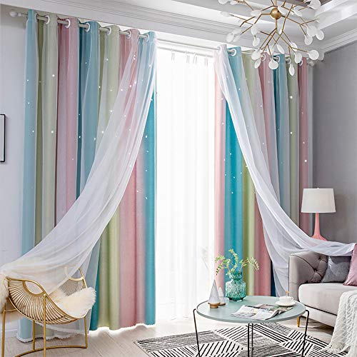 TINYSUN Romantische Verdunkelungsvorhänge mit Regenbogenstreifen und Sternen, für Kinderzimmer, 2 Stoffbahnen und Tüll, insgesamt 261 cm breit, rosa/blau