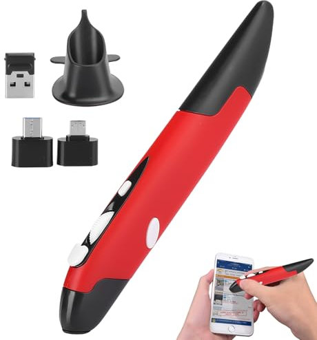 USB Wireless Optical Pen, Computer Stylus PC Parts Wireless 2.4G Mouse Pen‑Type Personalized Innovative Vertical USB Computer Stylus for PC Laptop Mac Notebook Left Right Handed (Red)
