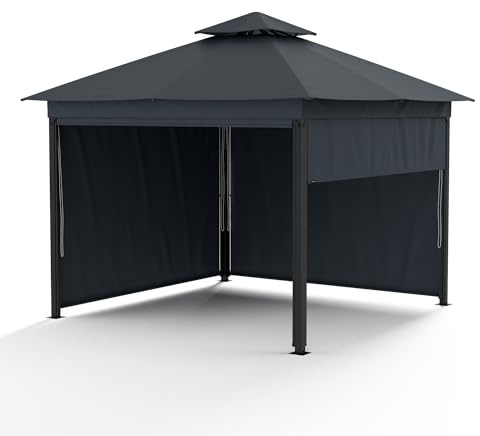 blumfeldt Grandezza Cortina Pavillon 3x3 – Stahlrahmen, Aufrollbare Seitenteile, Wetterfest & Wasserdicht, UV30+ Schutz, Dunkelgrau