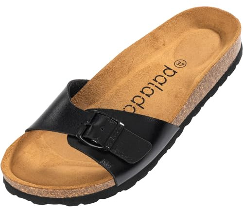 Palado Pantoletten Damen Malta Metallic – Sandalen Made in Spain - elegante Hausschuhe mit Kork-Fußbett - modische Sommerschuhe Schwarz UK6 - EU39