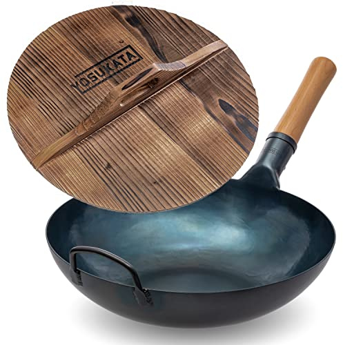 YOSUKATA Woks Et Poêles à Frire 34 cm - Wok À Fond Plat + Couvercle en Bois 34 cm