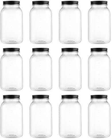 novelinks Lot de 12 bocaux Mason en plastique transparent de 946 ml avec couvercles – Passe au lave-vaisselle – Bocaux en plastique de 946 ml avec couvercles pour (noir)