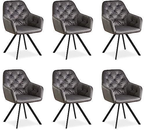 Homestyle4u 2353, Esszimmerstühle 6er Set drehbar mit Armlehnen Küchenstühle Polsterstühle Grau Samt Drehstühle Esstisch