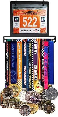 Porta Medaglie e Pettorale da Gara 2 in 1 in Metallo Nero, Espositore Elegante con 2 Barre, Spessore 3mm, Verniciato, con 10 Fogli in Vinile - Organizzatore Ideale per Atleti, Sportivi e Runner