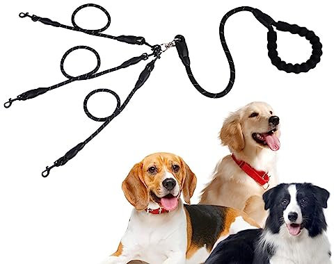 3-Wege-Hundeleine, ohne Knoten, Zugseil für Hunde, stabile Sicherheitsleinen für Hunde, mit 360 ° drehbarem Gerät und gepolstertem Griff, verhedderungsfrei,