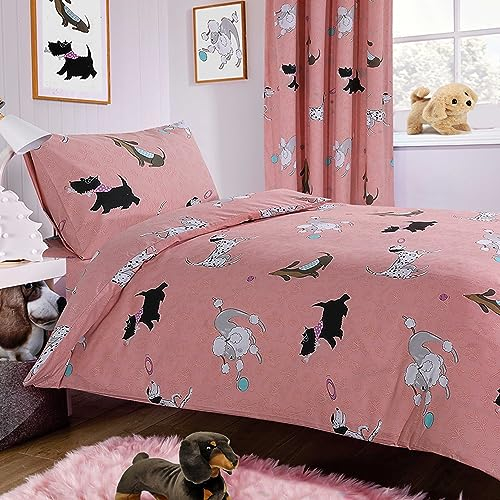 Olivia Rocco Pups Pink Bettbezug-Set, superweich, leicht, mit Kissenbezug, Hundemotiv, bedruckt, Doppelbett
