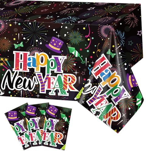 DPKOW 3 Stück Silvester Tischdecke Bunte Einweg Tischdecke Silvester Deko Happy New Year Rechteckig Plastik Tischdecke Wasserdicht für Silvester Deko 2025 Tisch Silvester Tischdeko Neujahr Deko