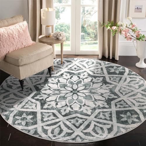 Carvapet Teppich Rund 150cm Weich und Flauschig Teppich Gegend Kreis rutschfest Waschbar Blumendrucke Bodenteppich Wohnzimmer Schlafzimmer(Dunkelgrau)