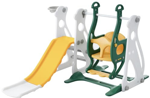 Merax Rutsche für Kinder, 4 in 1 Kinderrutsche Schaukel Basketballkorb, Kletterleiter, Kinder Spielplatz Gartenrutsche für In- und Outdoor, Hinterhof Baby Rutsche Set, Gelb & grün & weiß