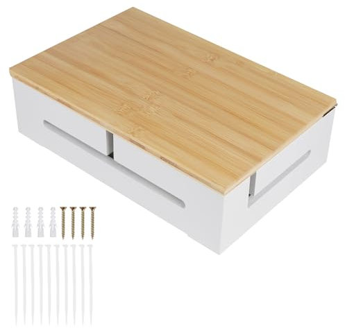 DBREAKS Kabelmanagement Box, Kabelbox aus Holz, Kabel-Organisationsbox mit magnetischem Bambus-Deckel und Kabelbindern, Wandmontierbare Kabelbox, Kabelkasten für Cable Organizer (Weiß)