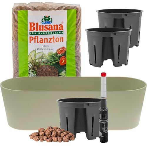 Leni Flori Jardiniere (Khaki/grün) Blumentopf länglich 36cm Hydrokultur-Komplett-Set mit Übertopf Hydro Kulturtöpfen Wasserstandsanzeiger & Pflanzton