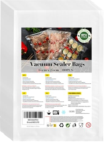 WECUTE Sous Vide Alimentaire 15x25cm, 80 Sacs Sac Sous Vide Alimentaire, Convient à Tous Machine Sous Vide, Sacs à Faire le Vide d'air Gaufrés, Sans BPA