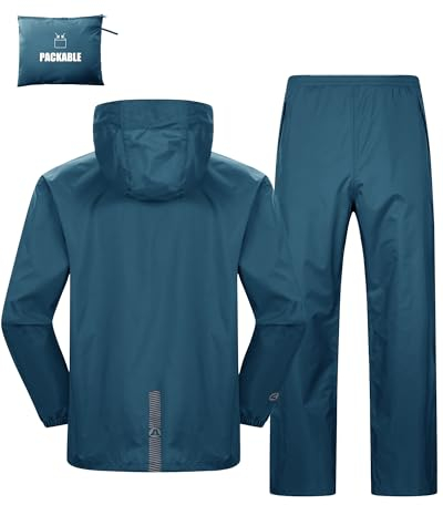 Herren & Damen Regenanzug Wasserdichte Packbare Regenjacke+Regenhose mit Reflektierender Outdoor Regenkleidung Winddichte Regenset Leichter Regenkombi für Radfahren Angeln Marokkoblau-ungefüttert XL