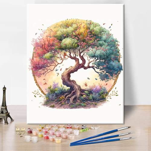 Baum Farbe nach Zahlen für Erwachsene, Baum des Lebens Acrylfarbe nach Zahl Kits Baum des Lebens im bunten Frühling Ölgemälde Farbe nach Zahlen für Erwachsene Anfänger Kunstwerk Wand Dekor, 16x 20