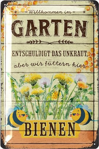 LANOLU Retro Blechschild Garten - Kein Unkraut, WIR FÜTTERN Hier Bienen - Garten Schilder für draußen, Schilder für den Garten, Gartenschilder, lustige Metallschilder Garten 20x30cm