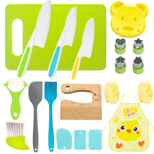 20 Pcs Kids knife set for Chopping Toy Kitchen Accessorieswith Kids Knives Cutting Board Fruit Molds Slicer Sandwich Cutter Peeler Wood Knife Spatulas Brush Sleeves Apron Kids Mini Chef Cooking Set