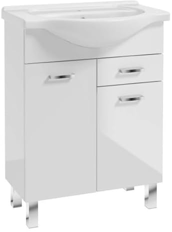 .Deftrans Domodomo Badezimmerschrank mit Waschbecken, 86 x 65 x 30 cm weißer Waschbeckenschrank, Keramik Waschbecken Set, Standschrank mit Schublade