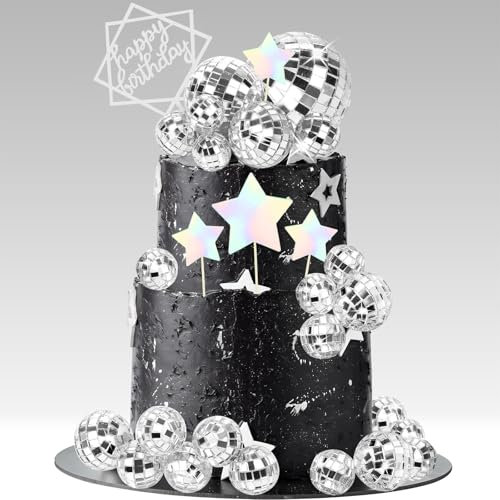 34 Piezas Decoracion Tarta Discoteca, Tarte Cumpleaños Plateadas Cake Topper Bolas de Disco Topper Tarta Estrellas, para Fiestas Temáticas de Danza, Música Disco de Años 70/80/90