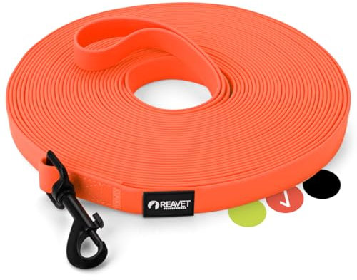 ReaVET Schleppleine für Hunde 15 Meter, Neon Orange I Robuste & wasserfeste Hundeleine lang I Übungsleine mit Griff, Trainingsleine Laufleine für große & kleine Hunde