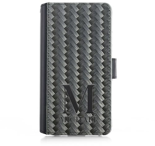 Personalised Phone Case For Apple iPhones, 15, 14,13, 12, 11, Pro Max, Mini, XR, XS, SE, Custom PU Leather Flip Phone Cover, Black Carbon Weave Phone Case with Name, Initial Phone Case