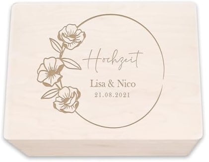 hellomini Personalisierte Erinnerungskiste aus Holz - Geschenk zur Hochzeit | Individuell mit Namen & Datum - Hochzeitsgeschenk/Hochzeitskiste (Blumenkranz, M: 40x30x14cm)