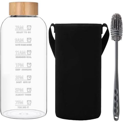 RNCKUUE Glass Water Bottle 1.5 Litre - 1500ml Large Borosilicate Wide Mouth Glass Drinking Bottles With Bamboo Lid