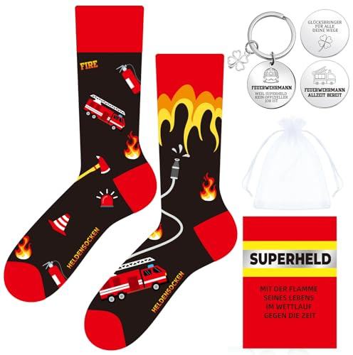 Tenare Geschenke für Feuerwehr Schlüsselanhänger Socken Herren 35-46, Rot, Rot