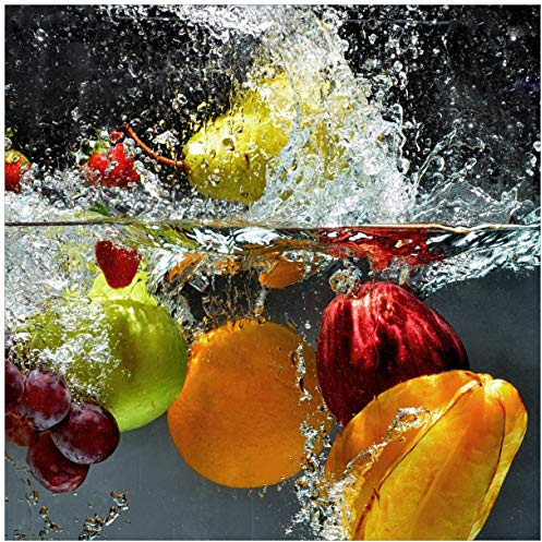 Wallario Glasbild Früchte im und unter Wasser - Splashing Fruits - 55 x 55 cm Wandbilder Glas in Premium-Qualität: Brillante Farben, freischwebende Optik